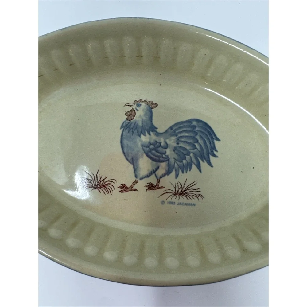 JACAMAN Lot 2 1983 Casserole dishes vintage ROOSTER CHICKEN Blue Cream Farmhouse